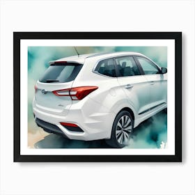 A White Suv With A Watercolor Style Background Of Green And Blue Splotches Art Print