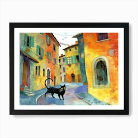 Black Cat In Ancona, Street Art Watercolour Painting 3 Art Print