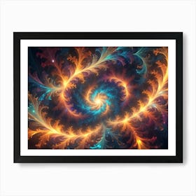 Abstract Fractal Art Featuring Intricate Swirling Patterns In Hues Of Orange, Blue, And Purple, Creating A Mesmerizing And Dynamic Composition Art Print