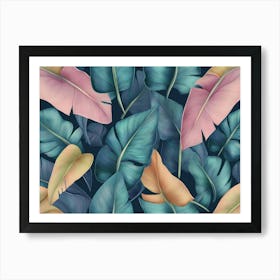 Tropical Exotic Luxury Seamless Pattern with Pastel Color Banana Leaves Palm Colocasia Hand Drawn 3d Art Print