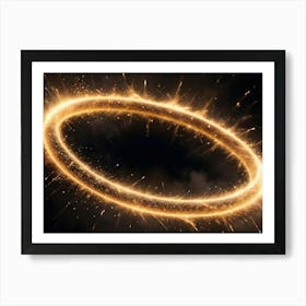 A Glowing Gold Ring With A Sparkling Texture, Surrounded By Smoke Or Mist, Against A Black Background Art Print