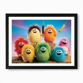 A Cluster Of Amiable Fuzzy Fantastical Beings Each Exhibiting A Distinct Special Talent With A Whi Art Print