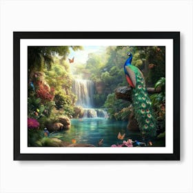 Beautiful Nature Scenery Travel Lovely Place Background with Tropical Leaves, Flowers Forest Trees, Park, Waterfall Art Print