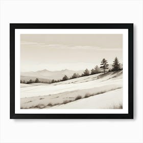 A Minimalist Illustration Of A Landscape With A Rolling Hillside, Trees, And Distant Mountains Art Print