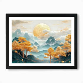 3d Modern Art Landscape Moon, Golden Christmas Trees, Colorful Mountains Art Print