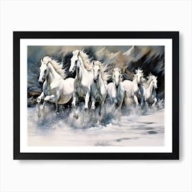 Stampede Stallions - White Horses Running In The Snow Art Print