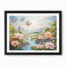 Pink Flowers With Butterflies Art Print