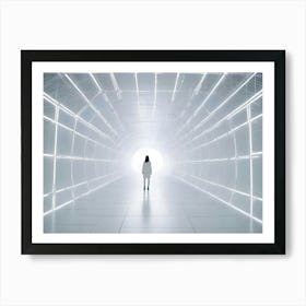 A Woman In A White Coat Walks Toward A Bright Light At The End Of A Futuristic Tunnel Made Of White Panels And Glowing Neon Lines Art Print