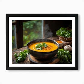 Autumn Pumpkin Curry Soup Steaming In An Earthenware Bowl Vibrant Orange Against Dark Green Lettuc (6) Art Print