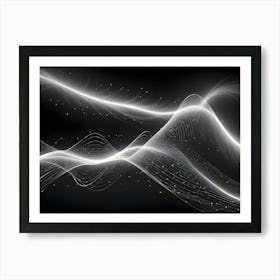 Abstract Image Of A Flowing White Wave With Sparkling Particles On A Black Background, Creating A Sense Of Movement And Energy Art Print