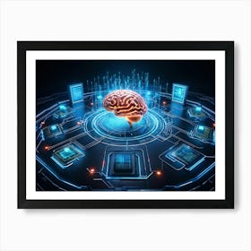 Abstract Cyber Concept Art Featuring A Human Brain At The Center Of Innovation Connected With Futur (6) Art Print