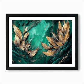 Vibrant 3d Abstract Art With Teal Backdrop, Shimmering Silver Feathers, And Bold Volcanic Peaks 1 Art Print