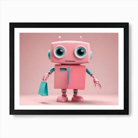 3d Illustration Of A Cute, Pink Robot With Teal Accents Holding A Teal Shopping Bag Art Print