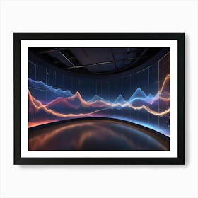 A Dark Room With A Curved Screen Displaying A Colorful, Abstract Image Of A Mountain Range With Lines Of Light Art Print