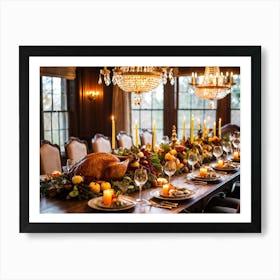 A Sumptuous Thanksgiving Banquet Showcasing A Centerpiece Of Succulent Fresh Roasted Turkey Surrou (1) Art Print