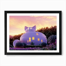 Cat Shaped House Perched On A Serene Hillside Whiskers Gently Swaying With The Wind Tail Curled In Art Print