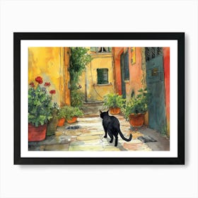 Black Cat In Caserta, Italy, Street Art Watercolour Painting 1 Art Print