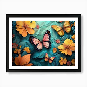 Floral Pattern With Colorful Butterflies Illustration Affiche