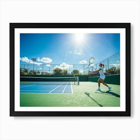 Tennis Match Showcasing An Active Lifestyle Bathed In The Golden Glow Of The Sun Action Packed Mome (2) Art Print