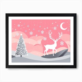 Christmas Tree And Deer, Rein deer, Christmas Tree art, Christmas Tree, Christmas vector art, Vector Art, Christmas art, Christmas, moon  Art Print