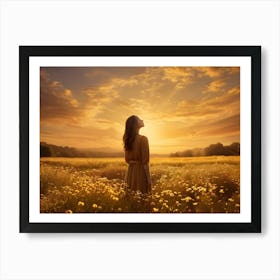 Woman In A Field At Sunset Art Print