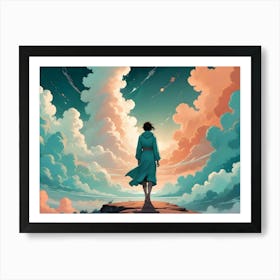 A Woman In A Blue Robe Stands On A Clifftop Overlooking A Vast, Dreamy Landscape Of Colorful Clouds And A Setting Sun Art Print