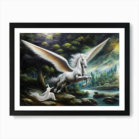Chasing Dreams, A majestic white Pegasus dominates the composition, its wings outstretched as it soars through the air. The Pegasus is being chased by a maiden in white flowing silks. Crying out as she sees her dreams fly away. classic art Art Print