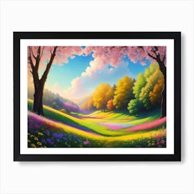 A Vibrant Flower Meadow Spreading Across A Springtime Hill Art Print