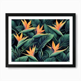 Seamless Pattern, Tropical Strelitzia Flowers, Palm Leaves In Green Color 2 Art Print