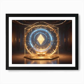 A 3d Rendering Of A Golden Platform With A Glowing Blue Ring, Containing A Diamond Shaped Ethereum Symbol, Set Against A Futuristic, Golden Room With Glowing Lights Art Print