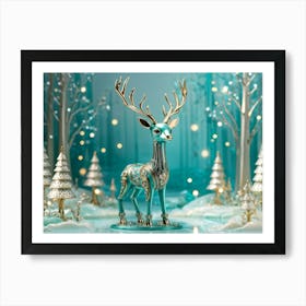 Whimsical Teal Deer Crafted From Ceramic And Metal In A Robotic Style Frolicks Amidst An Enchantin (1) Art Print