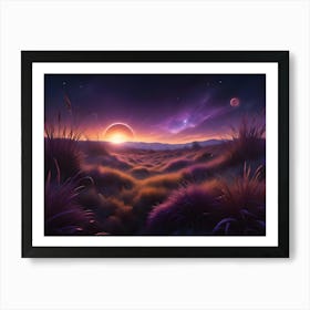 A Field Of Tall Grass With A Reddish Orange Sunset And Two Planets Visible In The Sky Art Print