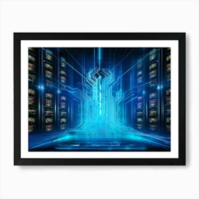 A Digital Painting Of An Abstract Cyber World In Which A Thick Neon Blue Firewall Serves As A Rugg (3) Art Print