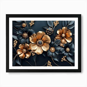 3d Artwork Illustration Background With Golden Jewelry And Flowers In Black 1 Art Print