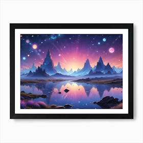 A Fantastical, Colorful Landscape With Tall, Jagged Mountains Reflecting In A Still Lake Art Print