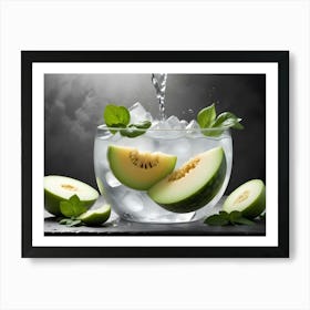 Water Is Pouring Into A Glass Filled With Ice Cubes, Melon Slices, And Basil Leaves Against A Gray Background Art Print