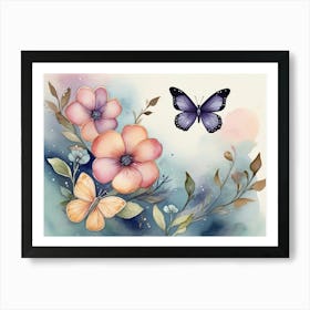 Butterfly And Flowers Watercolor Art Print