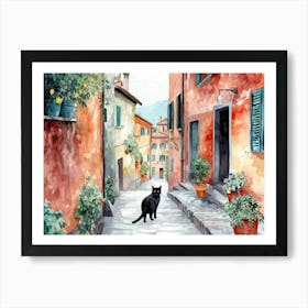 Black Cat In Como, Italy, Street Art Watercolour Painting 3 Art Print
