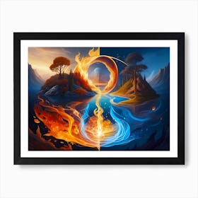 Water And Fire Collision Between Two Small Islands And A Abstract Round Sculpture Of A Mystic World Art Print