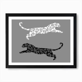 Leaping Leopard Black White and Grey Art Print