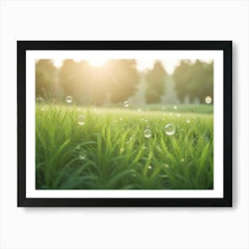 A Field Of Green Grass With Soap Bubbles Floating In The Air Art Print