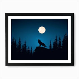 Illustration Of A Lone Wolf Howling Under A Full Moon In The Wilderness Of Wyoming Its Silhouette A Art Print