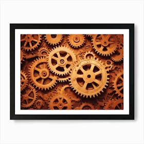 A Close Up Image Of A Collection Of Interconnected Gears And Cogs Of Various Sizes, All Made Of Aged Copper And Steel Art Print