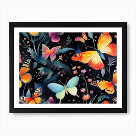 Butterflies On A Black Background Art Print