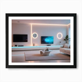 A Modern Living Room Interior With White Walls, A White Sofa, And A Tv With Blue Accent Lighting Art Print