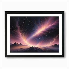 Surreal Landscape With Towering Mountains And A Bright, Swirling Energy Vortex In The Sky, Set Against A Backdrop Of Stars Art Print