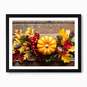 Autumn Themed Table Decor Featuring An Assortment Of Yellow And Orange Leaves Acorns Amidst A Garde (2) Art Print