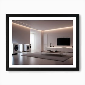 A Modern Living Room With A White Color Scheme, Featuring A White Sofa, Coffee Table, And Entertainment Console Art Print