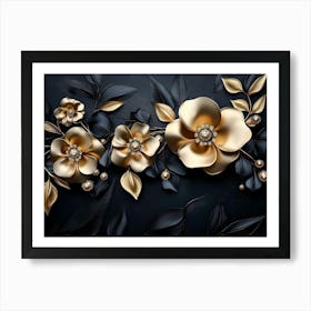 3d Artwork Illustration with Golden Jewelry and Flowers Art Print