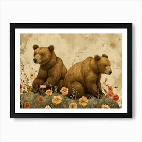 Floral Animal Illustration Brown Bear 3 Art Print